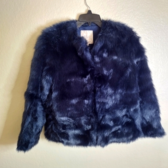 Zara Faux Fur Crop Navy Eye Hook Jacket Sz M - Picture 1 of 8